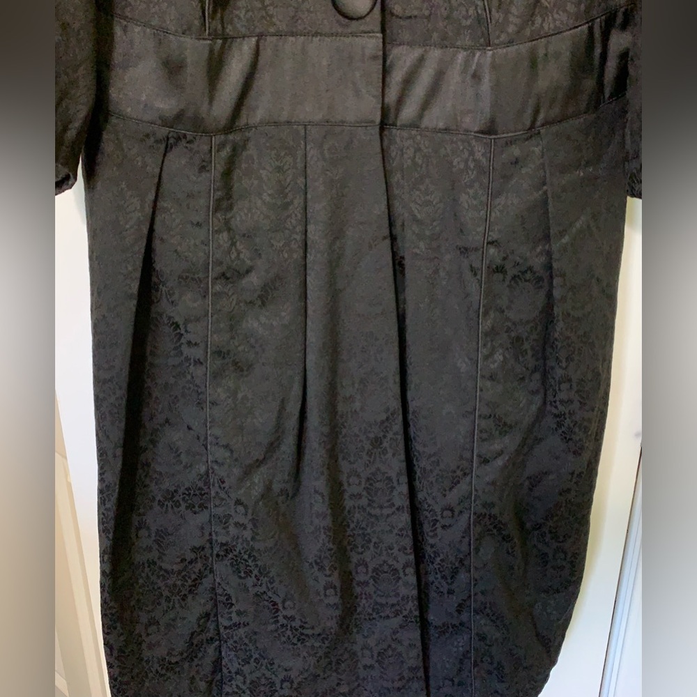 VTG Trench Duster Black Brocade Print Coat 90s Y2K Wrap Layer Goth - Picture 11 of 12